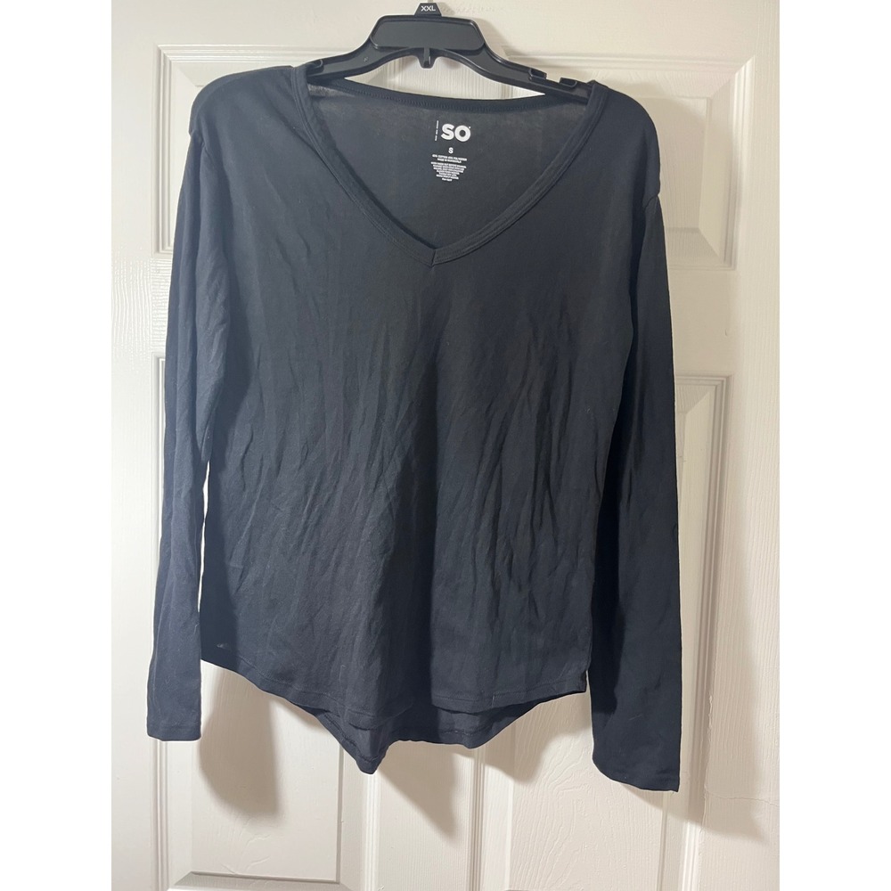 SO Womens Long Sleeve V-Neck T-Shirt Black‎ Curved Hem Cotton Blend Tee Small